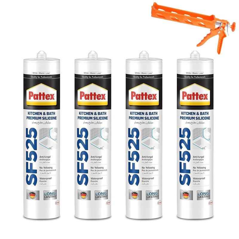 Pattex 4Pcs SF525 Kitchen & Bath Premium Silicone Sealant with 1Pc Caulking Gun - - Image 1